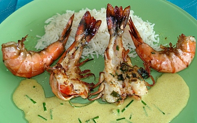 Crevettes Tigrées, marinées et poêlées - Sauce Coco-Curry -- 09/05/10 Crevettes Tigrées, marinées et poêlées - Sauce Coco-Curry -- 09/05/10