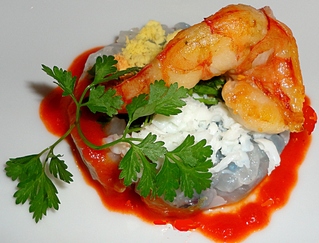 Saupiquet de Crevettes en viennoise et gaspacho
