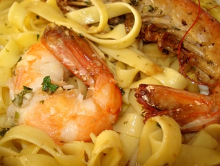 Gambas � la plancha, Tagliatelles et huile persill�e