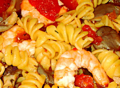 Gambas, P�tes, Tomates et Pleurotes -- 10/02/15